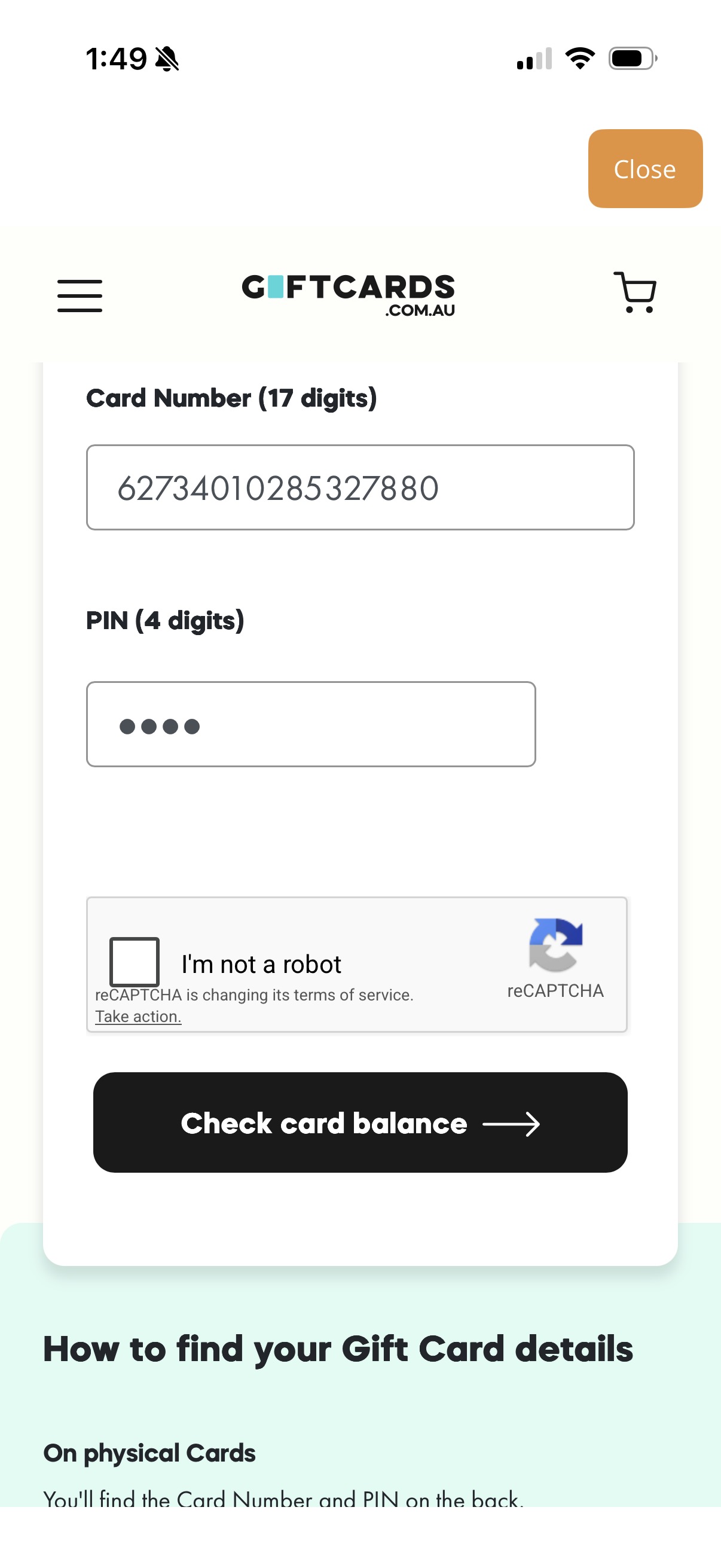 TCheckr Check Balance Screen